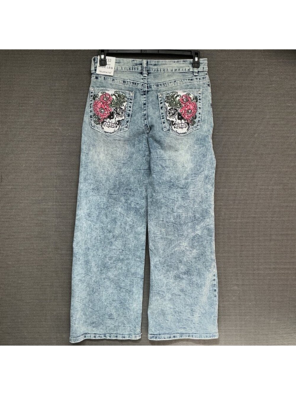 Telepatía Mid Rise Wide Leg Woman's Jeans W/ Floral Skull Pockets Size 15/32